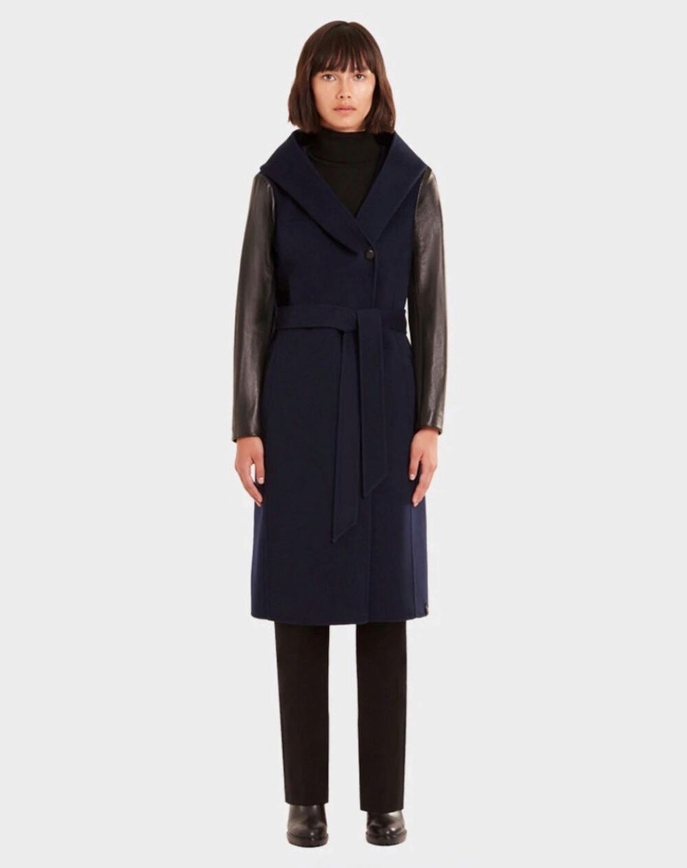 RUDSAK Modina Hooded Coat with Leather Sleeves in Night Blue Small